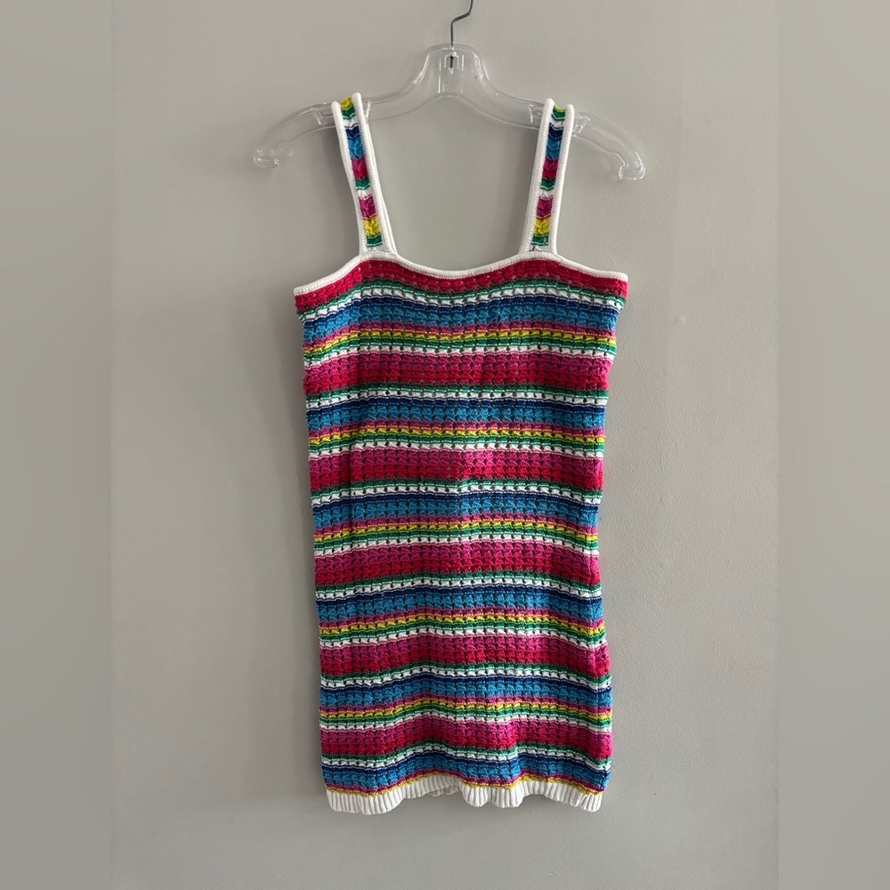 Vintage GAP White Casual Cotton Knit Crochet Rainbow Boho Dress